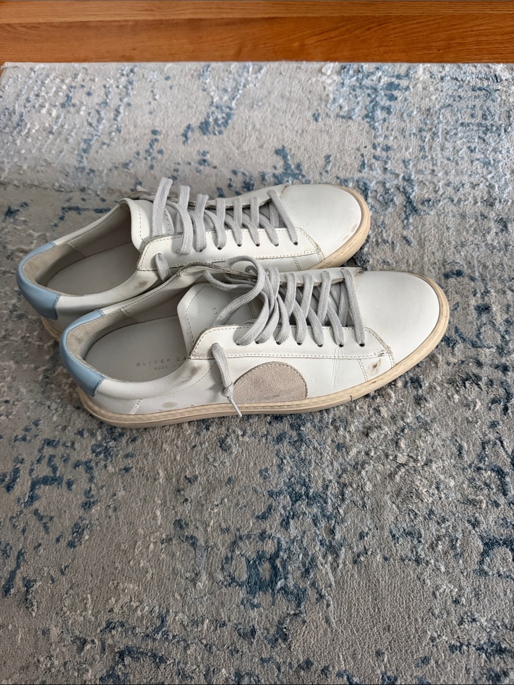 Oliver Cabell White Leather Low-Top Sneakers with Light Blue Heel Tab